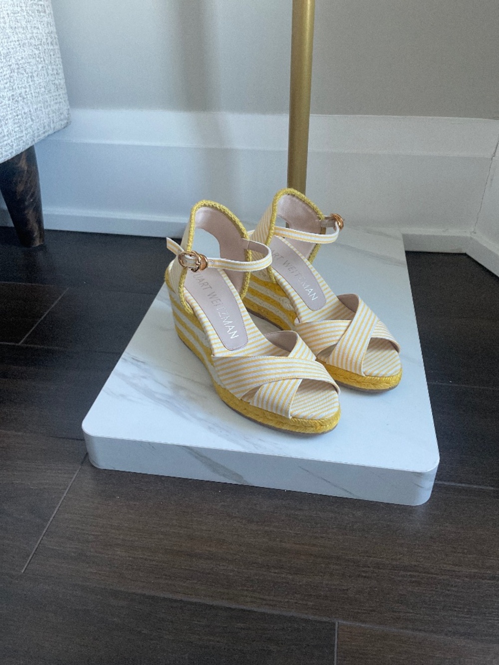 STUART WEITZMAN Mirela Yellow/White Striped‎ Espadrilles Wedge Sandals Size 36EU